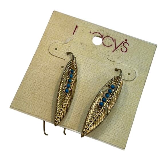 Macy’s Gold Feather Dangle Earrings w/ Blue Stone Accents, NWT! - Picture 1 of 4